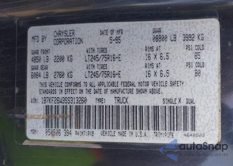 1995 Dodge Ram 2500 из США, поврежденный, VIN 1B7KF26W3SS313260